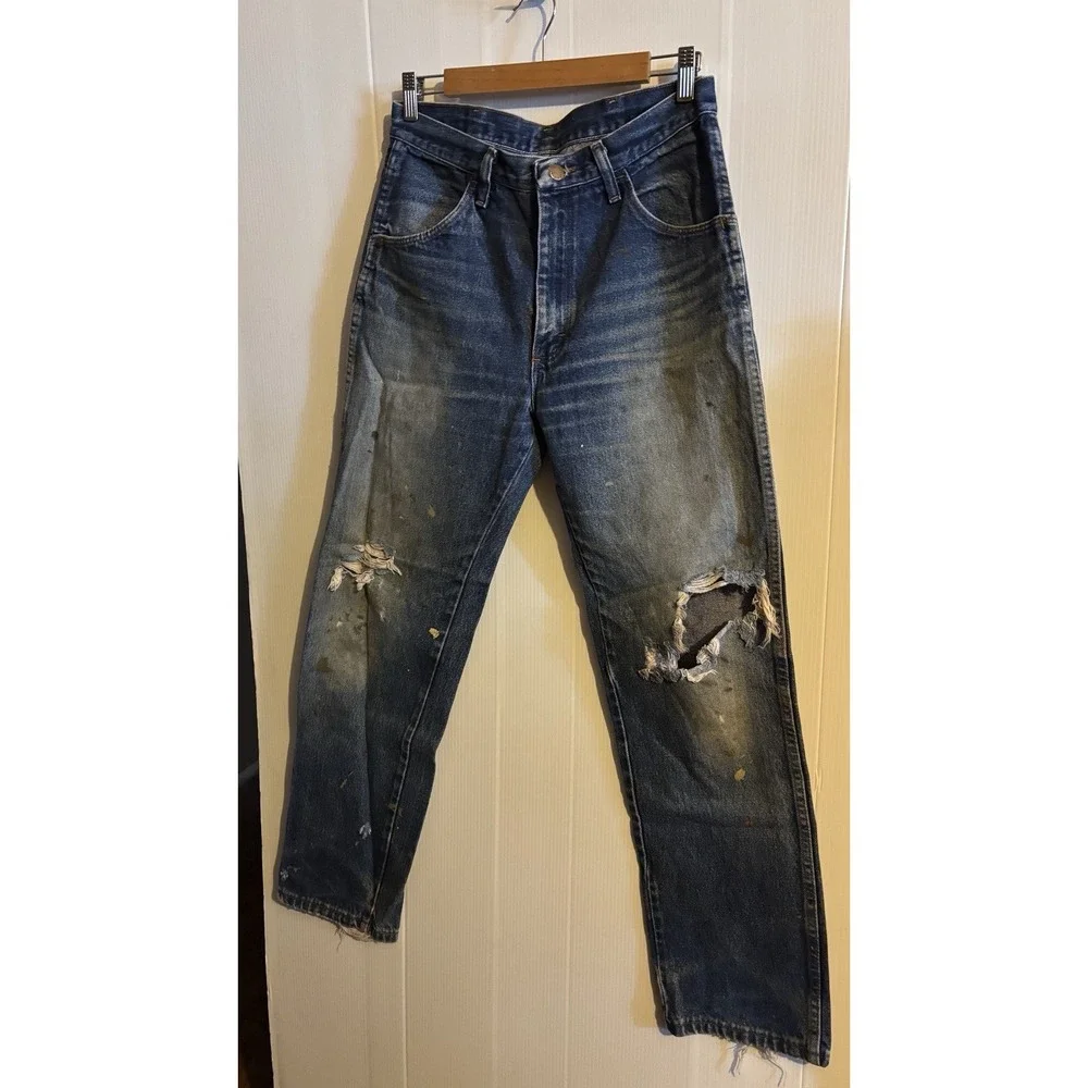Natural Distressed Ruster Denim Jeans Men's With Paint, Hole  W32 X 42 Inseam 29